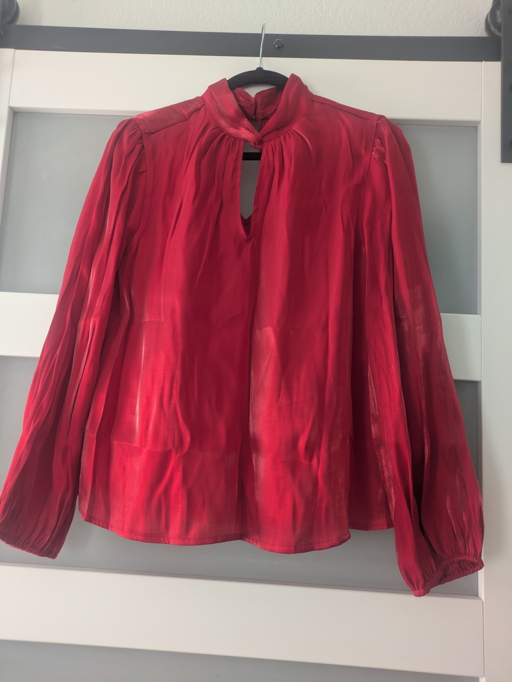 Nine West Red Satin Long-Sleeve Keyhole Blouse